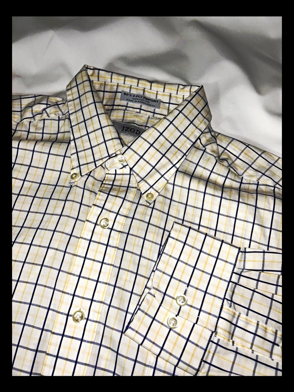 Izod Men’s White Button-Down Shirt with Blue and Yellow Windowpane
